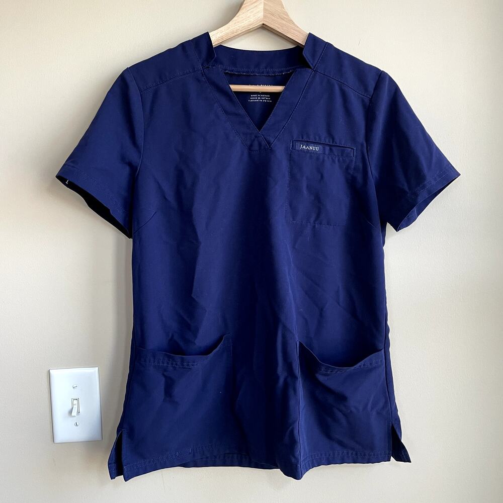 Jaanuu short sleeved navy blue scrubs top women's small front pockets v-neck‎